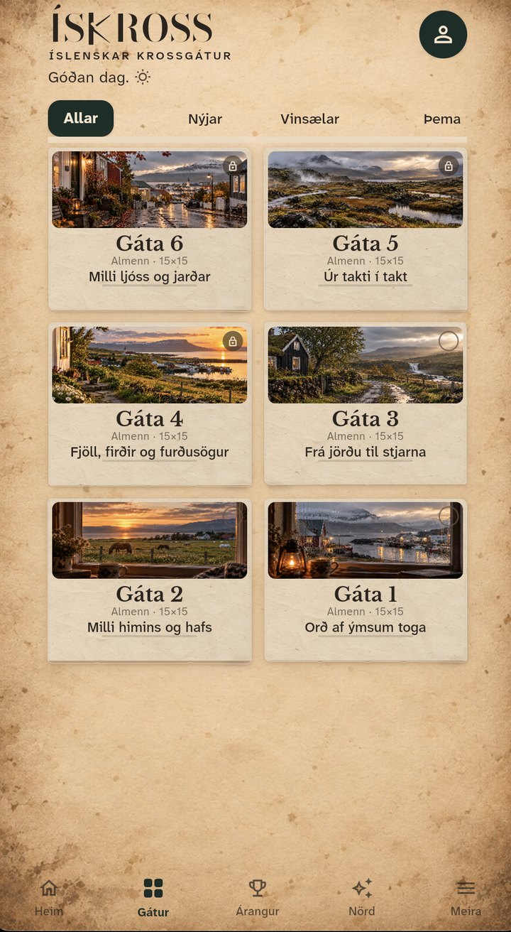 Gátusafn ÍSKROSS: tveir dálkar af krossgátum með íslenskum ljósmyndum.